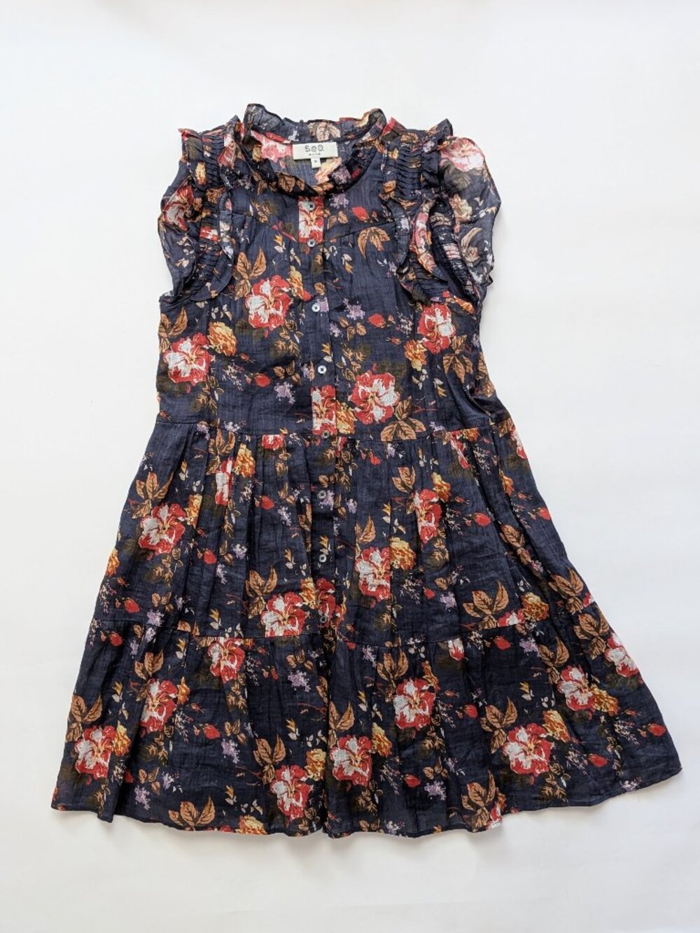 Sea New York Navy Floral Print Button Front Flutter Sleeve Tiered Dress M